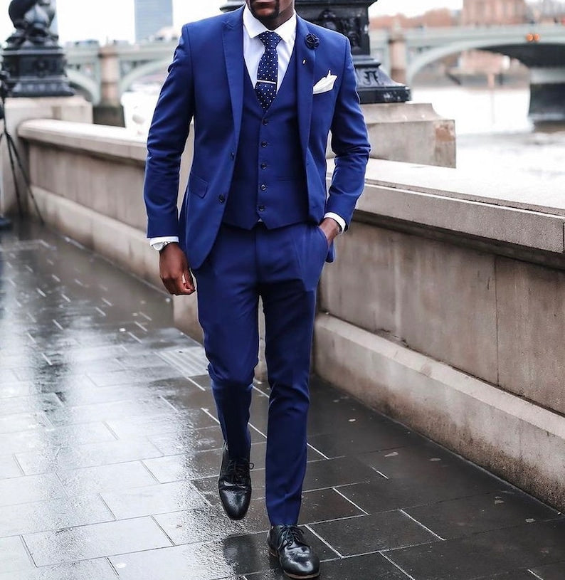 Traje azul de 3 piezas para hombre, ideal como regalo para fiesta, corte entallado, para graduación y cena. 