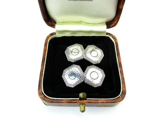 Boutons de manchette antiques en argent sterling martelé, style Art déco, double face, avec clé grecque gravée, style vintage pour homme, années 1920 