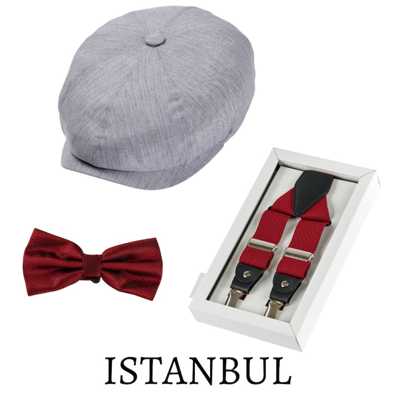 Wedding Set of 3 (Hat ,Suspenders, Bow Tie) Suit Accessories,Newsboy Cap (Groom, Best Man & Groomsman), Wedding , Groom Hat, Groomsmen Gifts