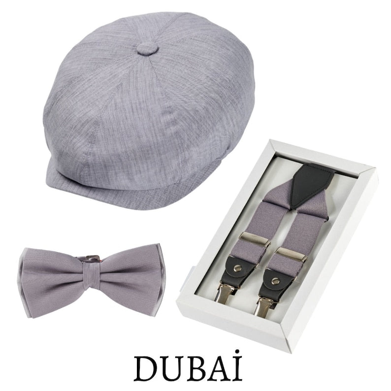 Wedding Set of 3 (Hat ,Suspenders, Bow Tie) Suit Accessories,Newsboy Cap (Groom, Best Man & Groomsman), Wedding , Groom Hat, Groomsmen Gifts