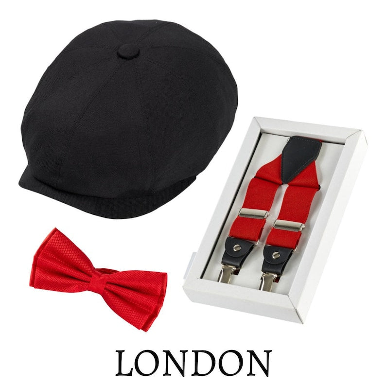 Conjunto de 3 piezas para boda (sombrero, tirantes y pajarita), accesorios para traje, gorra de repartidor de periódicos (novio, padrino y padrino), boda, sombrero de novio, regalos para padrinos de boda. 
