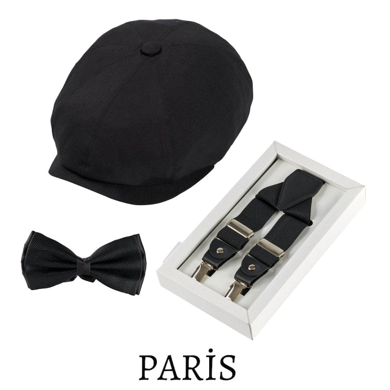 Wedding Set of 3 (Hat ,Suspenders, Bow Tie) Suit Accessories,Newsboy Cap (Groom, Best Man & Groomsman), Wedding , Groom Hat, Groomsmen Gifts