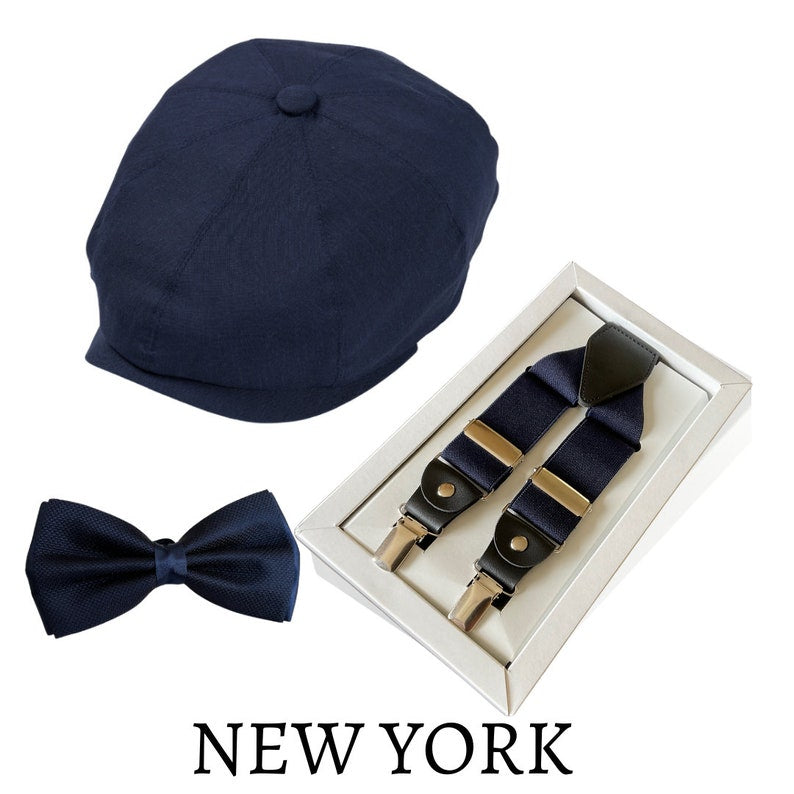 Wedding Set of 3 (Hat ,Suspenders, Bow Tie) Suit Accessories,Newsboy Cap (Groom, Best Man & Groomsman), Wedding , Groom Hat, Groomsmen Gifts