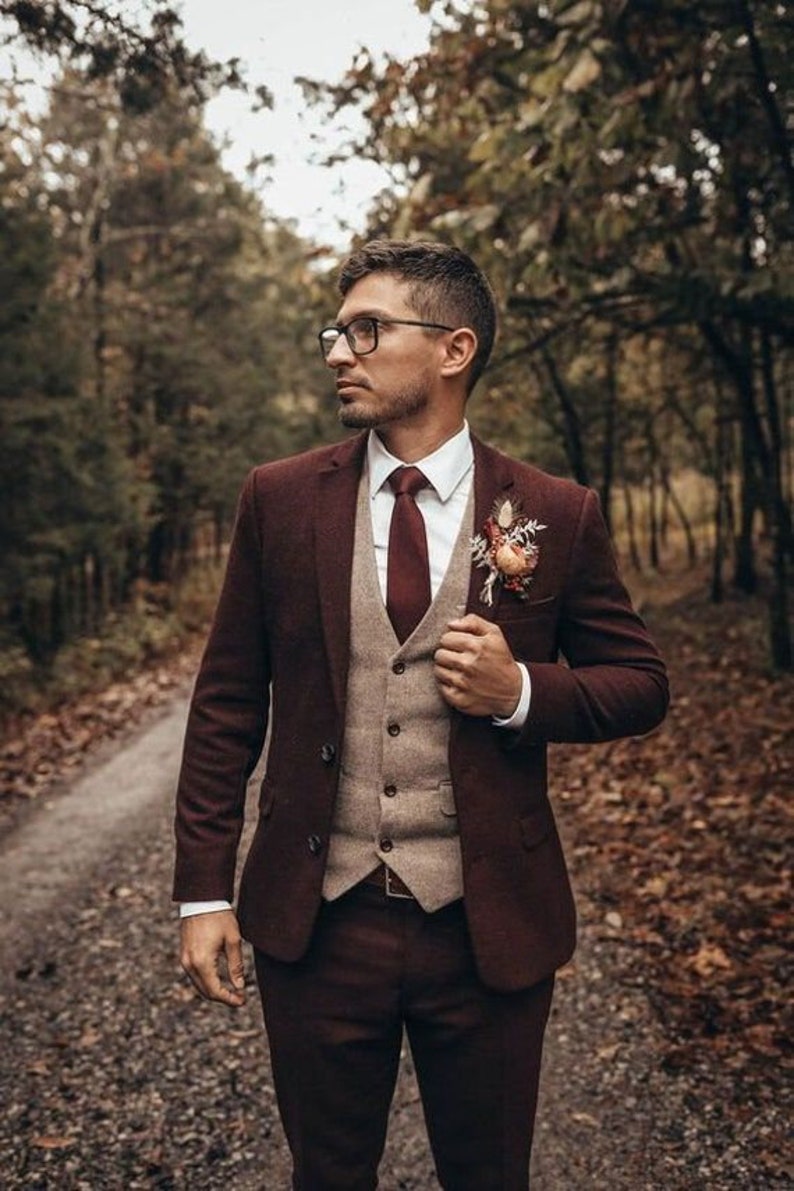 Costume en tweed marron pour homme, costume 3 pièces pour garçon d'honneur, costume slim fit, costume de mariage pour marié, costume pour homme 