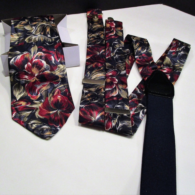 Neck Tie Adjustable Suspenders, Camden Court Neck Tie, Camden Court Adjustable Suspenders, Floral Tie Matching Suspenders, MER