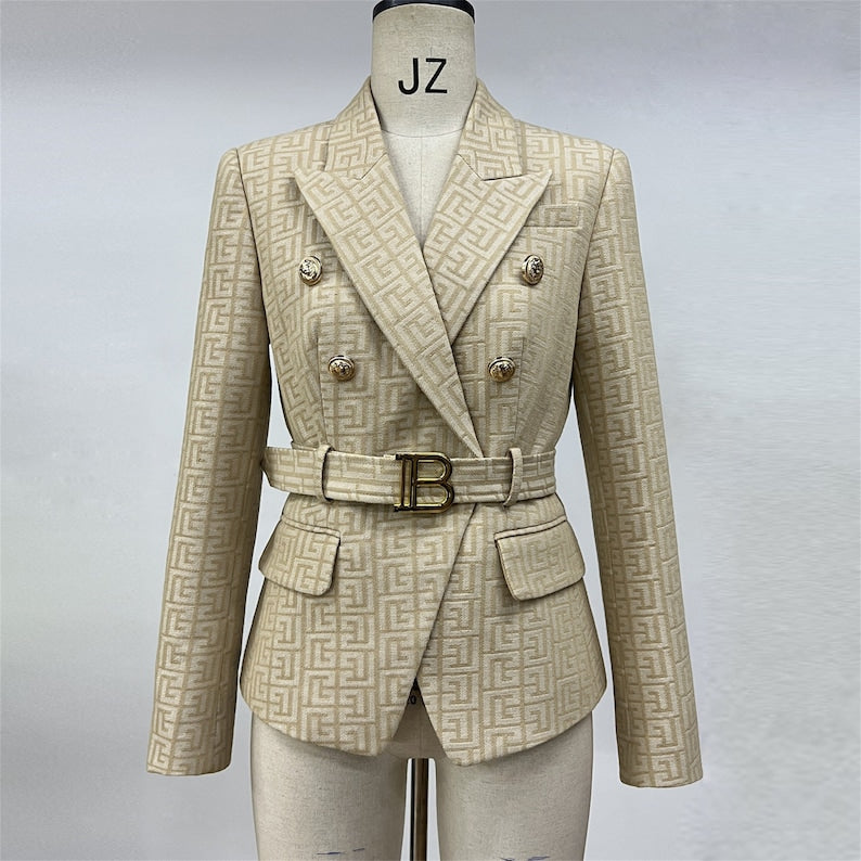 Veste blazer ajustée à ceinture et boutons dorés pour femme, motif labyrinthe, couleur crème/noir/rose/beige 