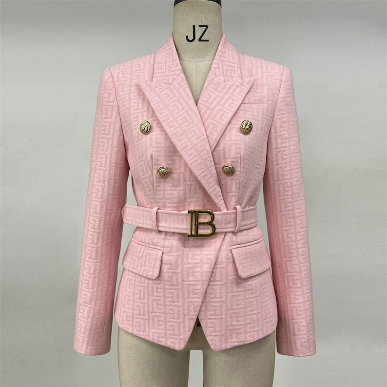 Veste blazer ajustée à ceinture et boutons dorés pour femme, motif labyrinthe, couleur crème/noir/rose/beige 