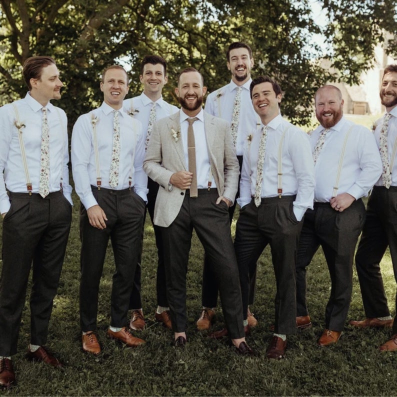 Men's & Boys' Biscotti Tan Bow Tie and Beige Ivory Striped Suspenders for Ring Bearer & Groomsmen