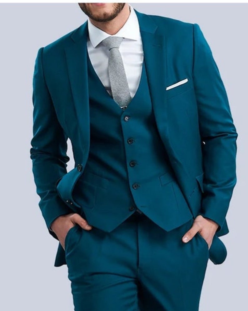 Trajes para hombre Traje de boda de tres piezas azul verdoso, traje formal de corte entallado