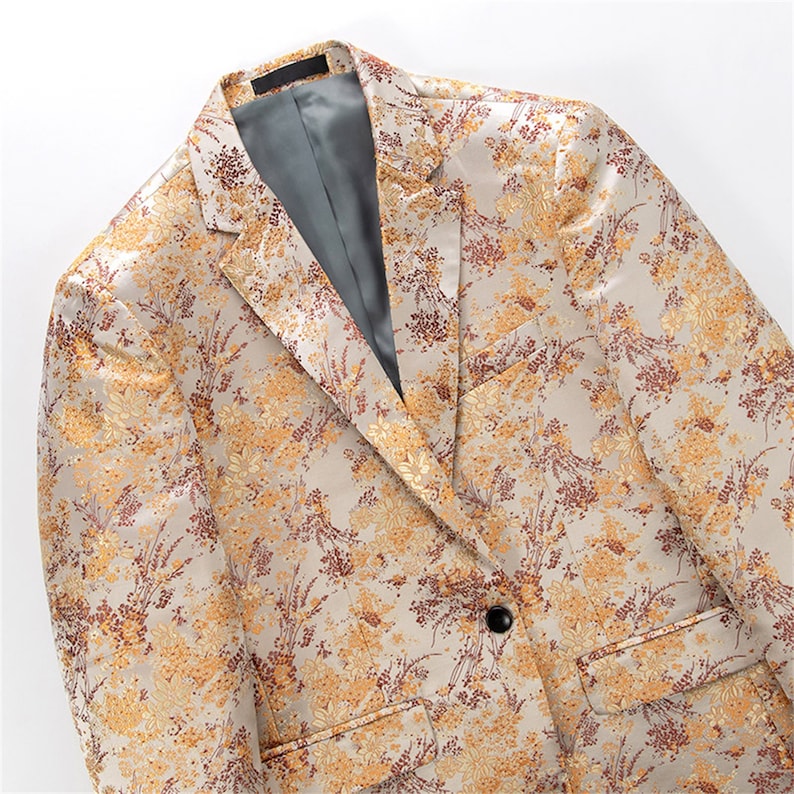 Men Handmade Embroidered Blazer Gold Floral Jacquard Coat Suit Jacket Party Stage Costume Gown