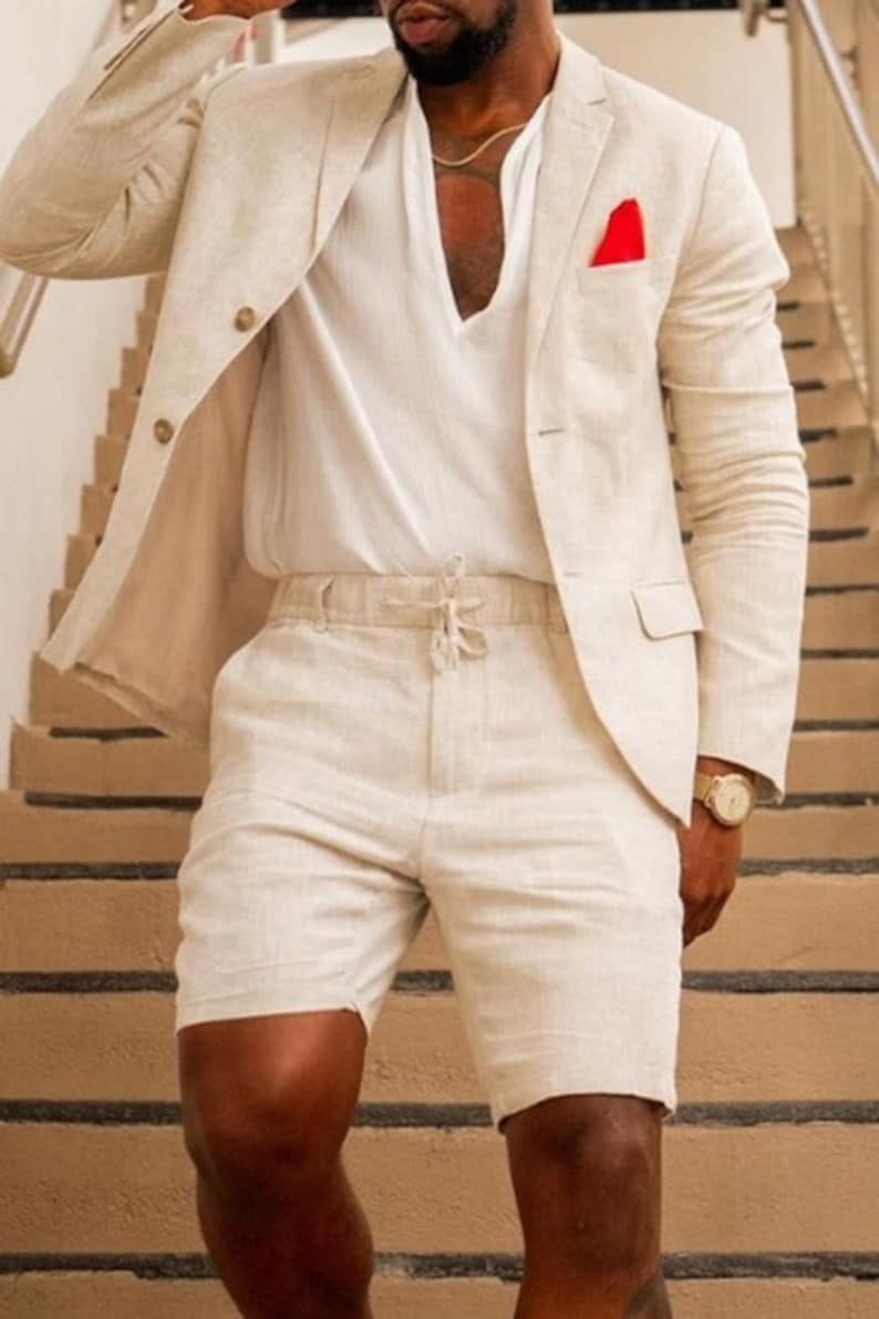 Traje de lino beige de 2 piezas para hombre, traje de novio para boda, traje de verano, traje de boda para hombre, traje transpirable con pantalones cortos, traje de boda para playa. 