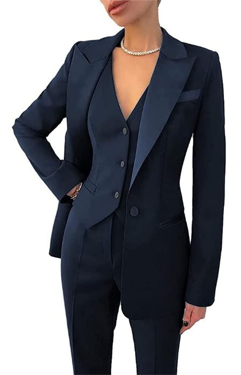Costume bleu marine pour femme, costume trois pièces, ensemble de costume de mariage, tailleurs-pantalons habillés pour femme, vêtements de cérémonie pour femme, costume, 