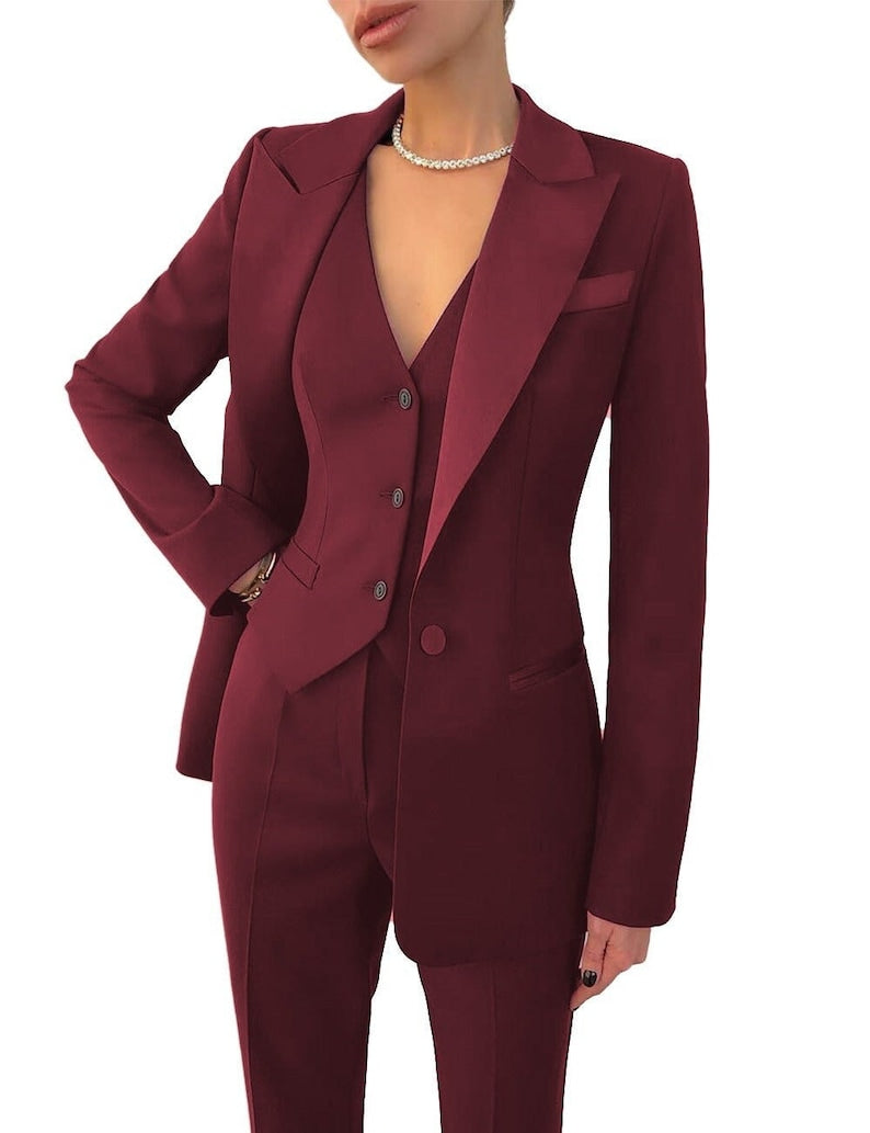 Traje de pantalón burdeos para mujer, traje de tres piezas, conjunto de traje de boda, trajes de pantalón elegantes para mujer, ropa formal para mujer, traje, 