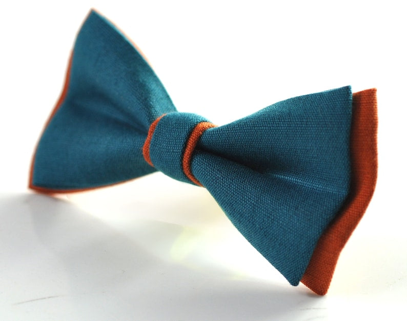 Pajarita de lino turquesa, azul verdoso y naranja quemado + Tirantes RUST para hombres, jóvenes, adolescentes, niños, bebés, niños pequeños 