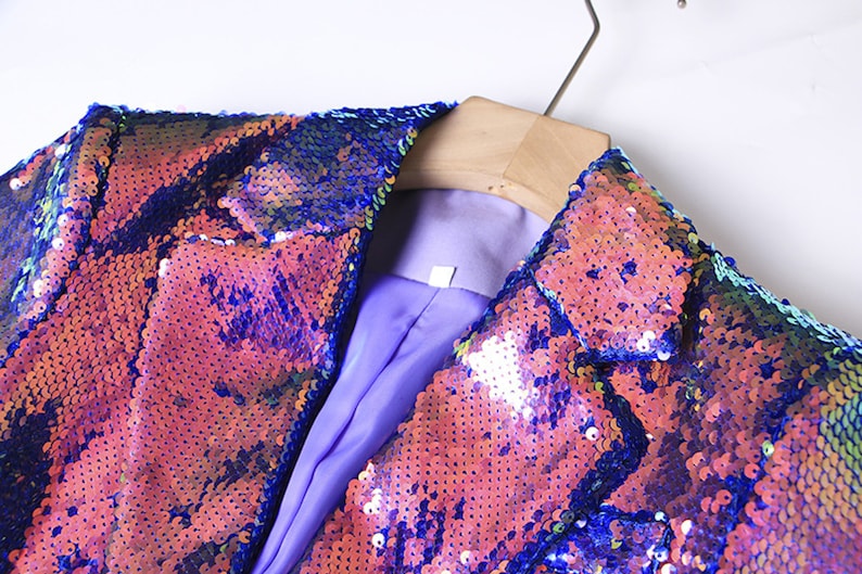 Women's Luxury One Button Rainbow Multi-Color Sequinned Mid Length Blazer Coat, Performance Costume, Wedding Ceremonies, Pop Star Concert