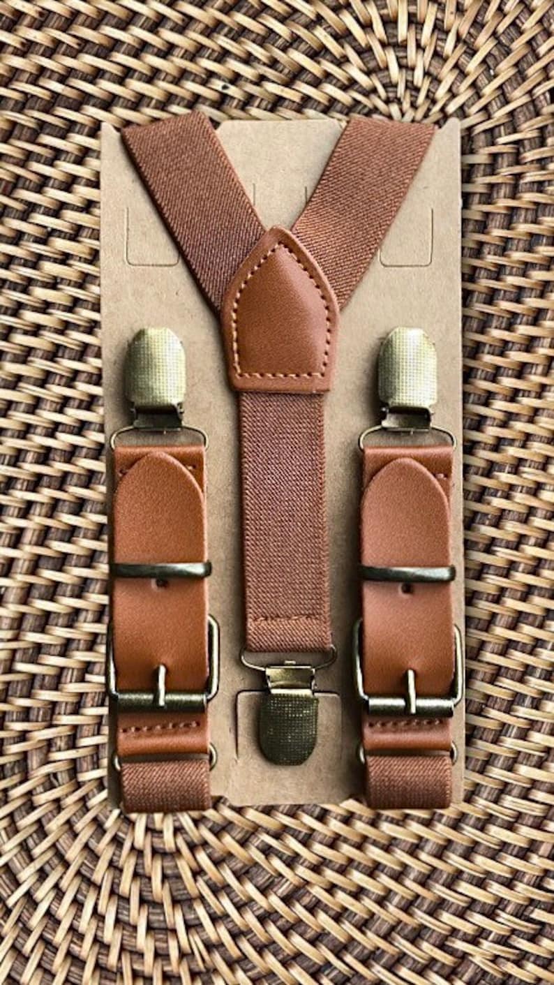 Men's, Women's & Boys' Cognac Brown Leather Suspenders for Rustic Wedding, Groomsmen & Ring Bearer
