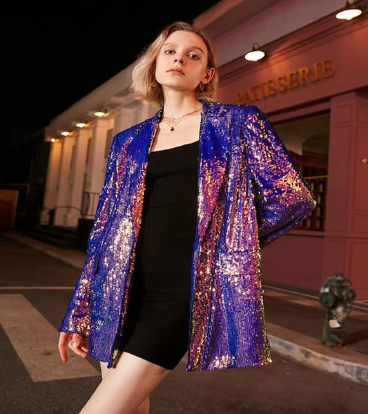 Women's Luxury One Button Rainbow Multi-Color Sequinned Mid Length Blazer Coat, Performance Costume, Wedding Ceremonies, Pop Star Concert