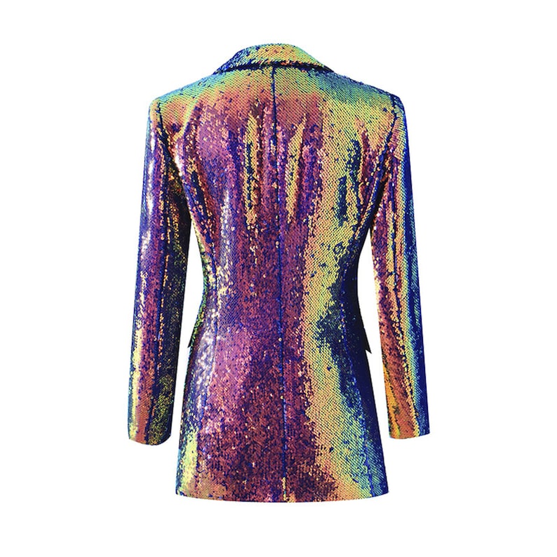 Women's Luxury One Button Rainbow Multi-Color Sequinned Mid Length Blazer Coat, Performance Costume, Wedding Ceremonies, Pop Star Concert