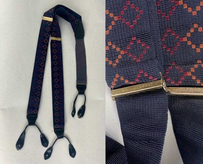 1940s Style Diamond Dave Suspenders | Vintage 80s does 40s Navy Blue with Brown and Red Embroidery Y Back Braces with Leather Button Tabs