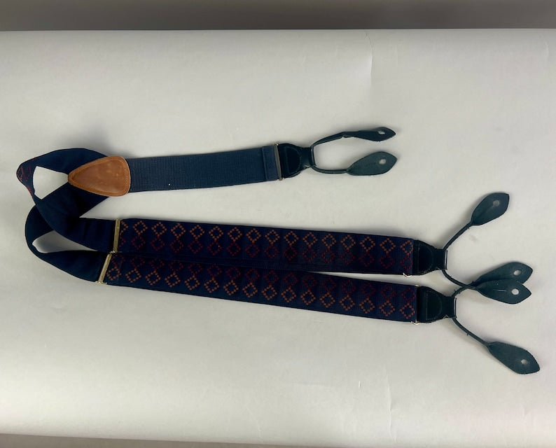 1940s Style Diamond Dave Suspenders | Vintage 80s does 40s Navy Blue with Brown and Red Embroidery Y Back Braces with Leather Button Tabs
