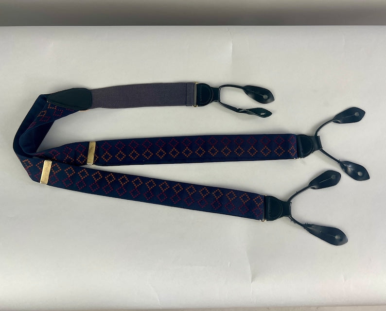 1940s Style Diamond Dave Suspenders | Vintage 80s does 40s Navy Blue with Brown and Red Embroidery Y Back Braces with Leather Button Tabs