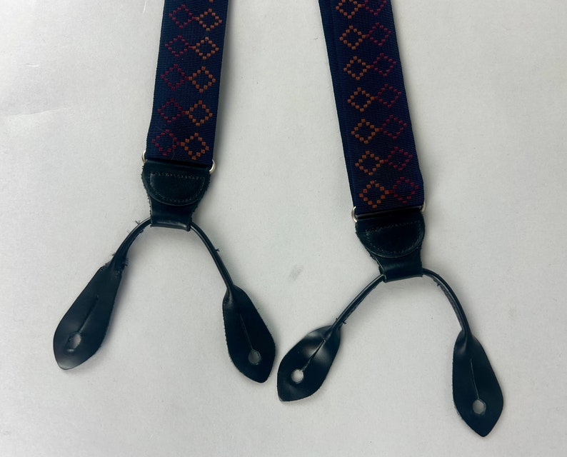 1940s Style Diamond Dave Suspenders | Vintage 80s does 40s Navy Blue with Brown and Red Embroidery Y Back Braces with Leather Button Tabs