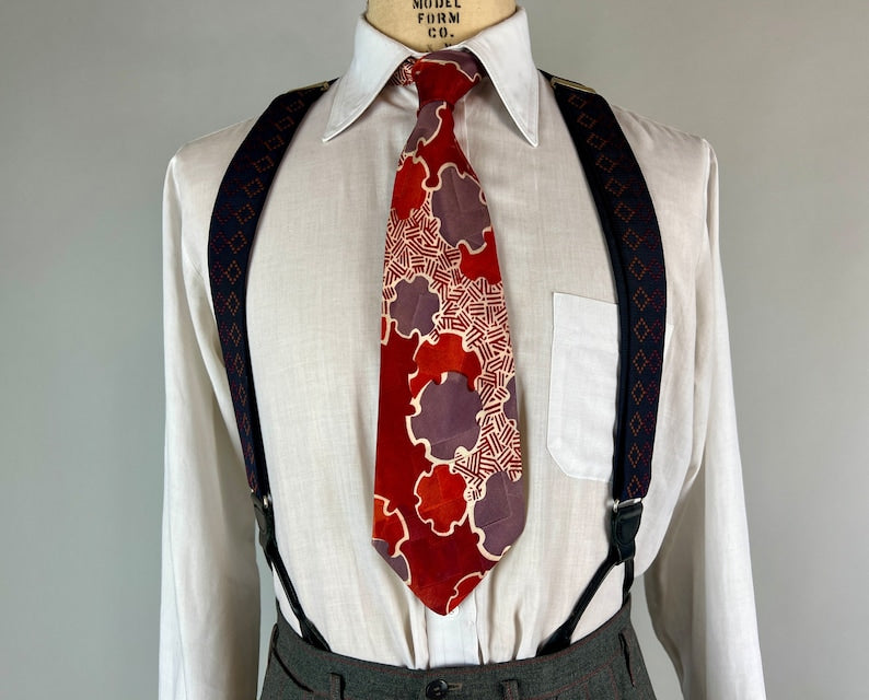 1940s Style Diamond Dave Suspenders | Vintage 80s does 40s Navy Blue with Brown and Red Embroidery Y Back Braces with Leather Button Tabs