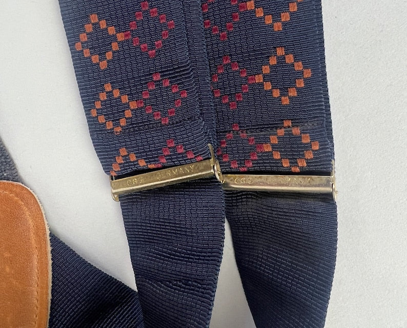 1940s Style Diamond Dave Suspenders | Vintage 80s does 40s Navy Blue with Brown and Red Embroidery Y Back Braces with Leather Button Tabs