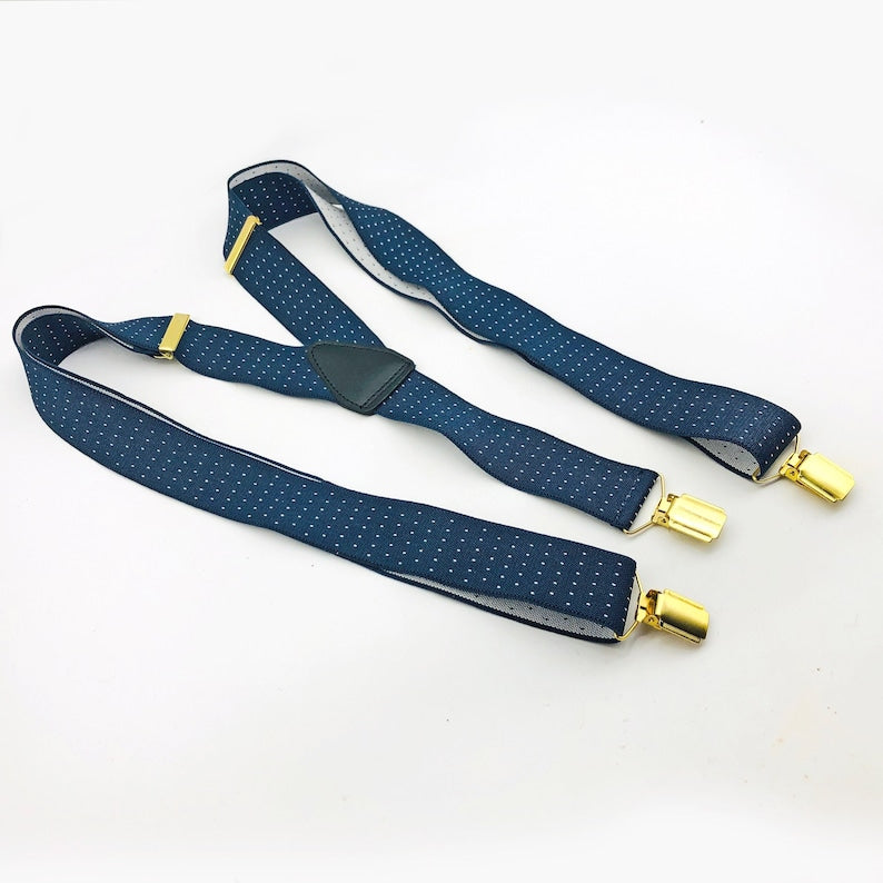 Bretelles vintage pour homme, bleu marine et pois blancs, avec bande élastique. Bretelles extensibles réglables à pinces. 35 mm de large. Accessoire vestimentaire pour homme. 