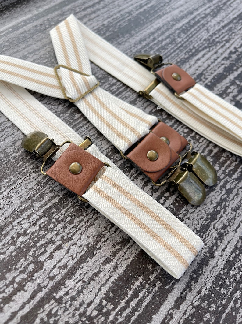 Men's & Boys' Biscotti Tan Bow Tie and Beige Ivory Striped Suspenders for Ring Bearer & Groomsmen