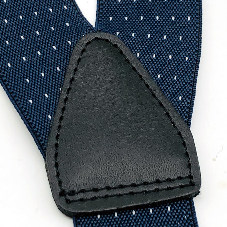 Bretelles vintage pour homme, bleu marine et pois blancs, avec bande élastique. Bretelles extensibles réglables à pinces. 35 mm de large. Accessoire vestimentaire pour homme. 