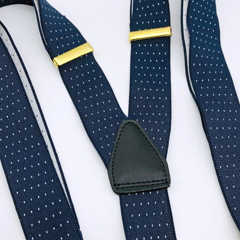 Bretelles vintage pour homme, bleu marine et pois blancs, avec bande élastique. Bretelles extensibles réglables à pinces. 35 mm de large. Accessoire vestimentaire pour homme. 