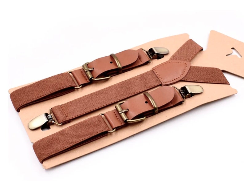 Tirantes rústicos de boda color coñac, tirantes marrones para hombre, regalo del Día del Padre, traje de niño con anillo, tirantes para adulto, tirantes de cuero marrón para niño. 