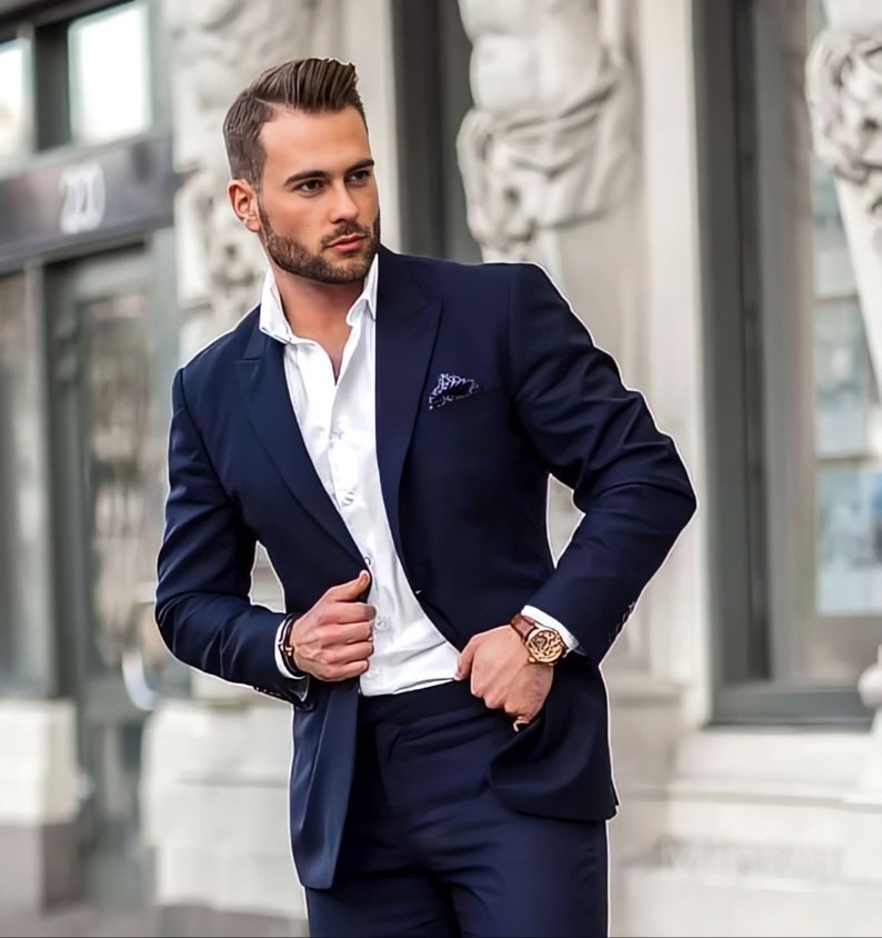 Traje de hombre de 2 piezas azul marino, traje de fiesta de boda, traje de graduación, traje de novio de corte entallado, trajes de cena 