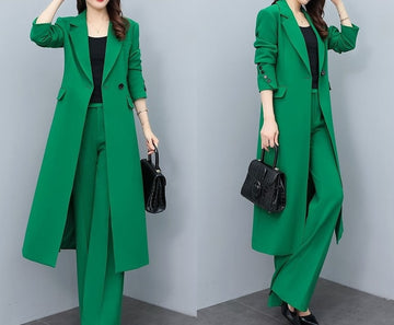 Green Lady Pantsuit Women Long Blazer + Pants Suit Set Thin Layer Wedding Prom