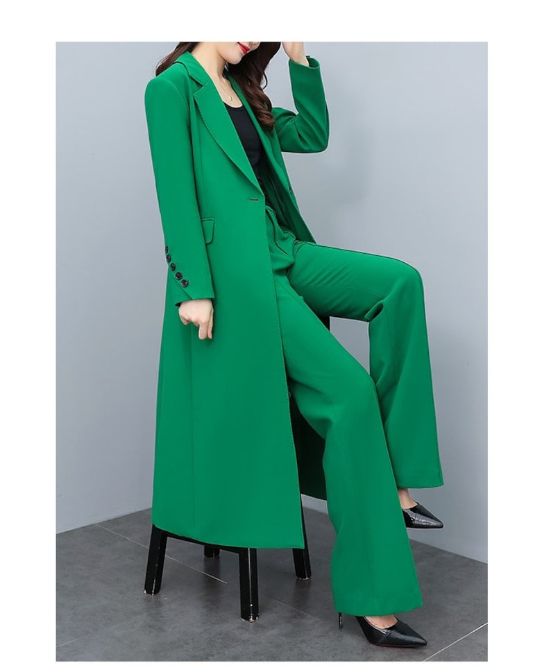 Green Lady Pantsuit Women Long Blazer + Pants Suit Set Thin Layer Wedding Prom
