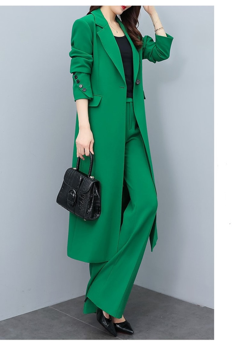 Green Lady Pantsuit Women Long Blazer + Pants Suit Set Thin Layer Wedding Prom