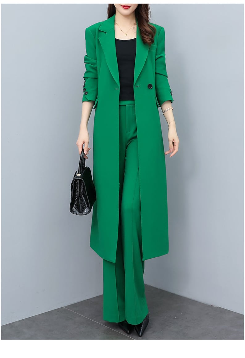 Green Lady Pantsuit Women Long Blazer + Pants Suit Set Thin Layer Wedding Prom