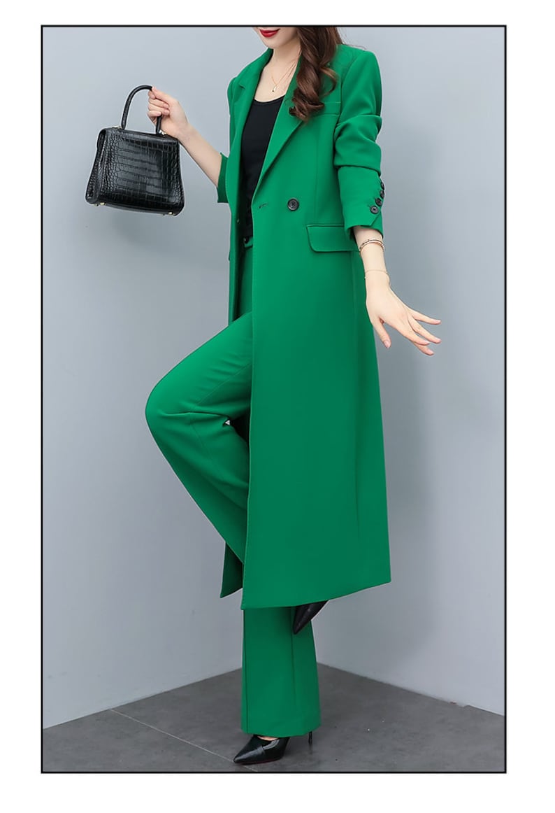 Green Lady Pantsuit Women Long Blazer + Pants Suit Set Thin Layer Wedding Prom