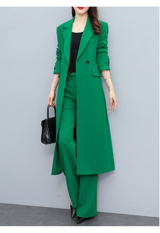 Green Lady Pantsuit Women Long Blazer + Pants Suit Set Thin Layer Wedding Prom