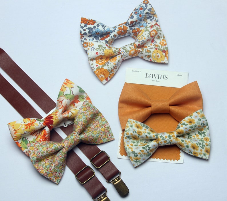 Marigold Gold Yellow Floral Man Bow Tie Brown Suspenders Match DAVID'S BRIDAL for Boys Men Ring Bearers Groomsman Sunflowers