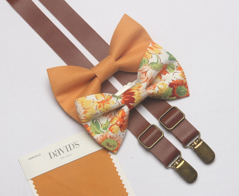 Marigold Gold Yellow Floral Man Bow Tie Brown Suspenders Match DAVID'S BRIDAL for Boys Men Ring Bearers Groomsman Sunflowers