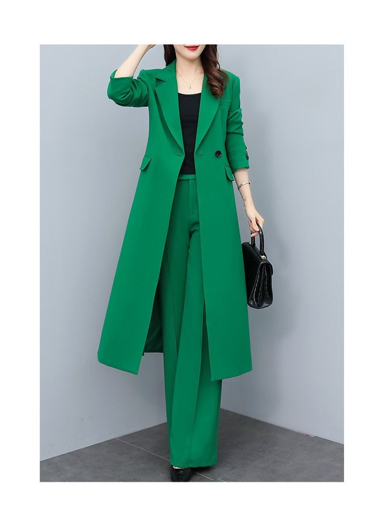 Green Lady Pantsuit Women Long Blazer + Pants Suit Set Thin Layer Wedding Prom
