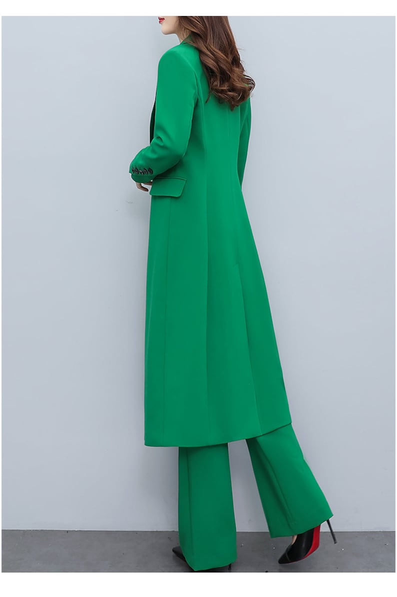 Green Lady Pantsuit Women Long Blazer + Pants Suit Set Thin Layer Wedding Prom