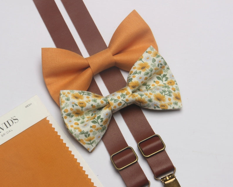 Marigold Gold Yellow Floral Man Bow Tie Brown Suspenders Match DAVID'S BRIDAL for Boys Men Ring Bearers Groomsman Sunflowers
