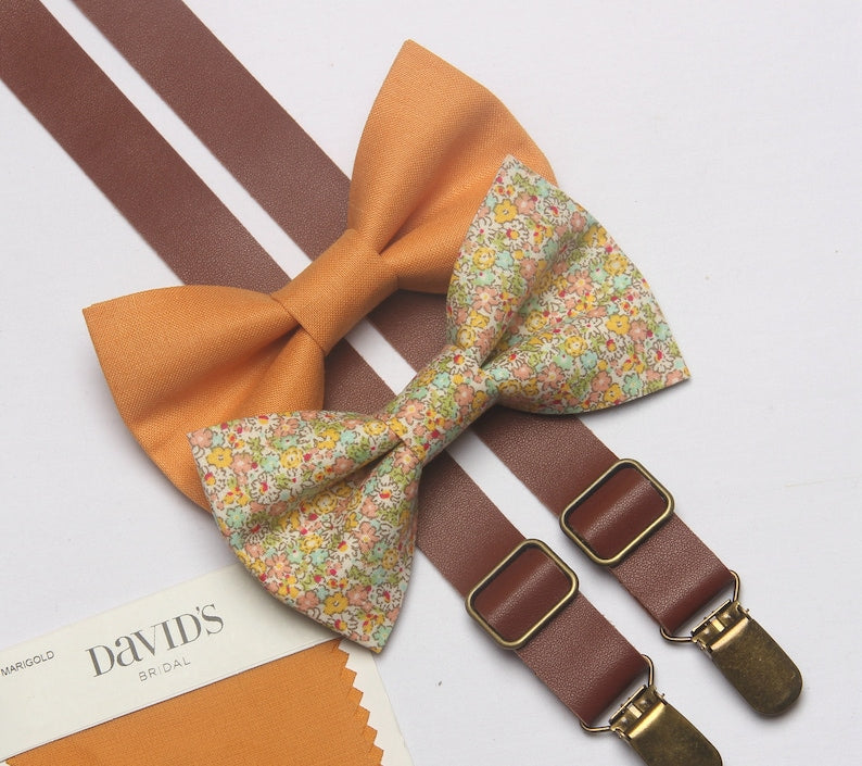 Marigold Gold Yellow Floral Man Bow Tie Brown Suspenders Match DAVID'S BRIDAL for Boys Men Ring Bearers Groomsman Sunflowers