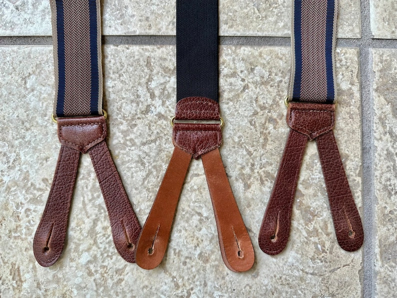 Bretelles vintage en nylon à chevrons et rayures | Languettes en cuir Ivy League Tradition 