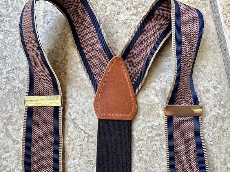 Bretelles vintage en nylon à chevrons et rayures | Languettes en cuir Ivy League Tradition 