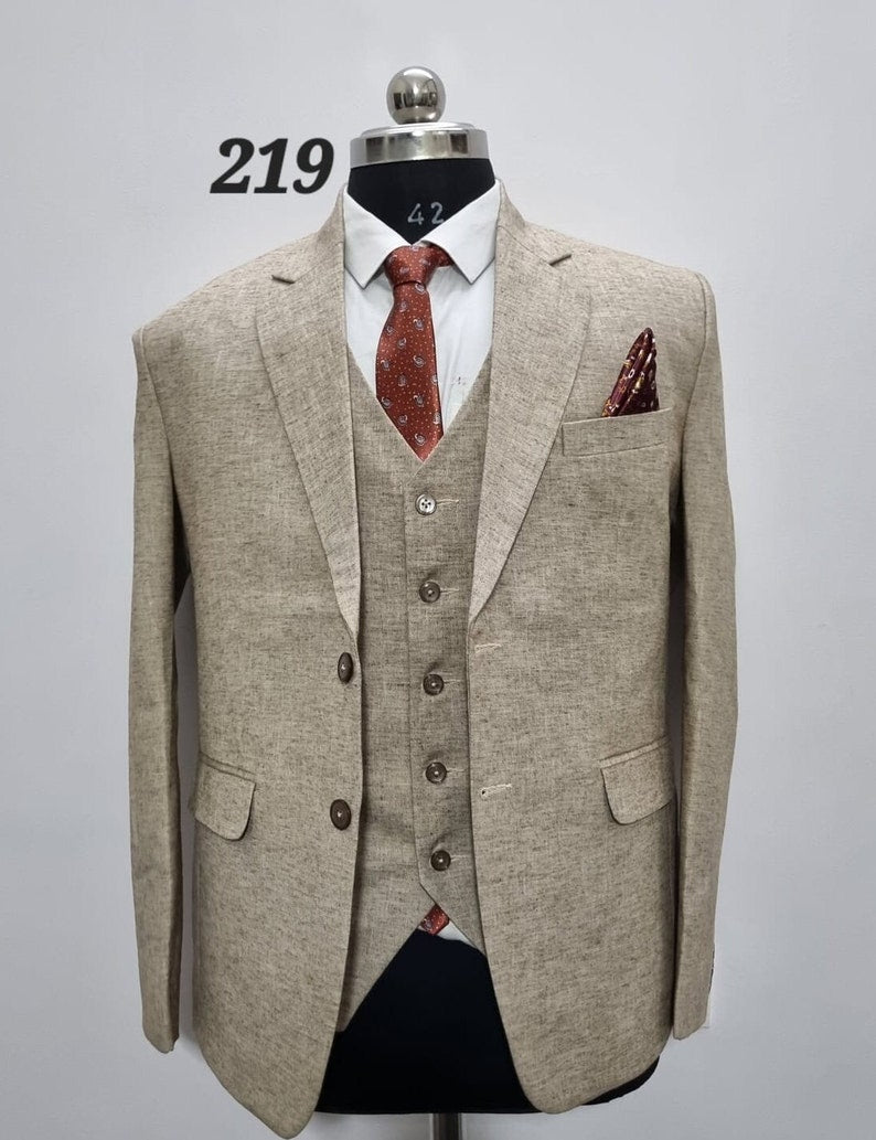 Traje de lino de 3 piezas para boda en la playa, para hombre, para novio, para boda, graduación, abrigo y pantalón, para padrinos de boda, para verano.