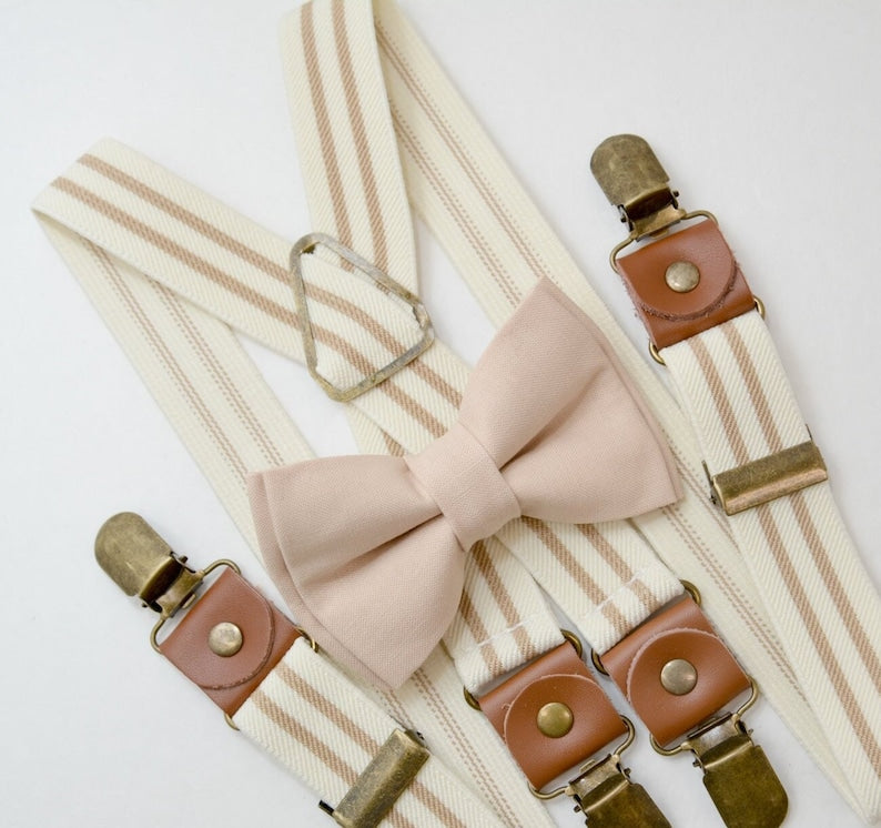 Men's & Boys' Biscotti Tan Bow Tie and Beige Ivory Striped Suspenders for Ring Bearer & Groomsmen